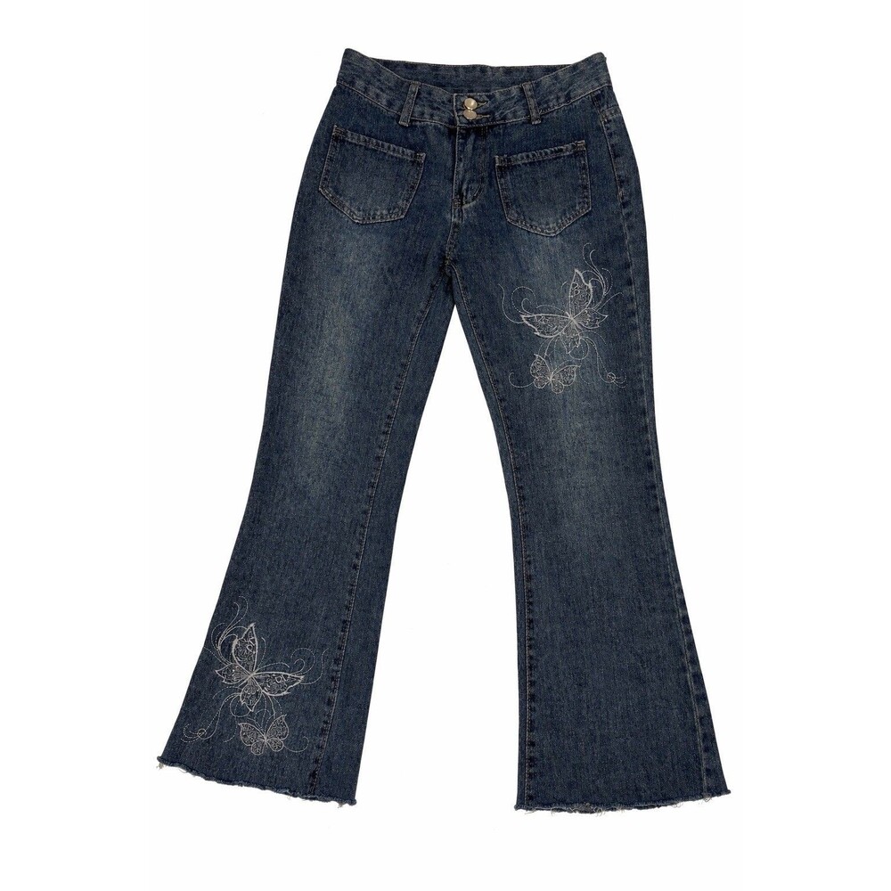 ROMWE Y2K Butterfly Embroidered Bootcut Jeans Low Rise Raw Hem Denim XS